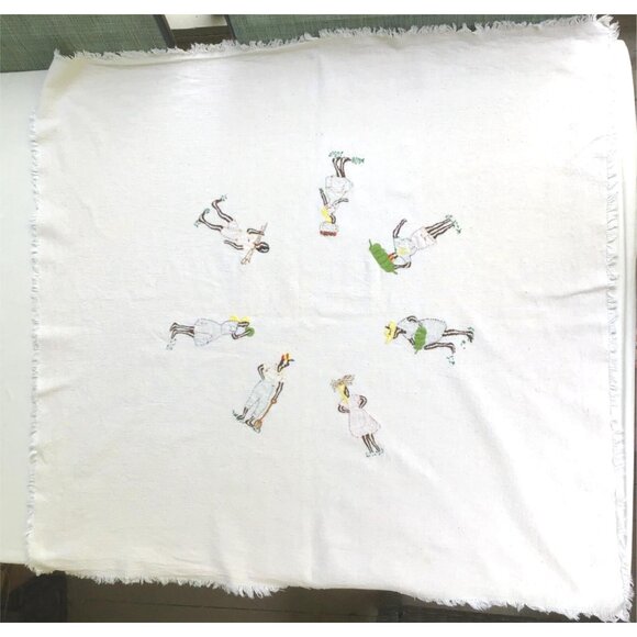 Embroidered African Cotton Linen Tablecloth Traditional Farm Harvest 34x36 in. - Picture 11 of 12